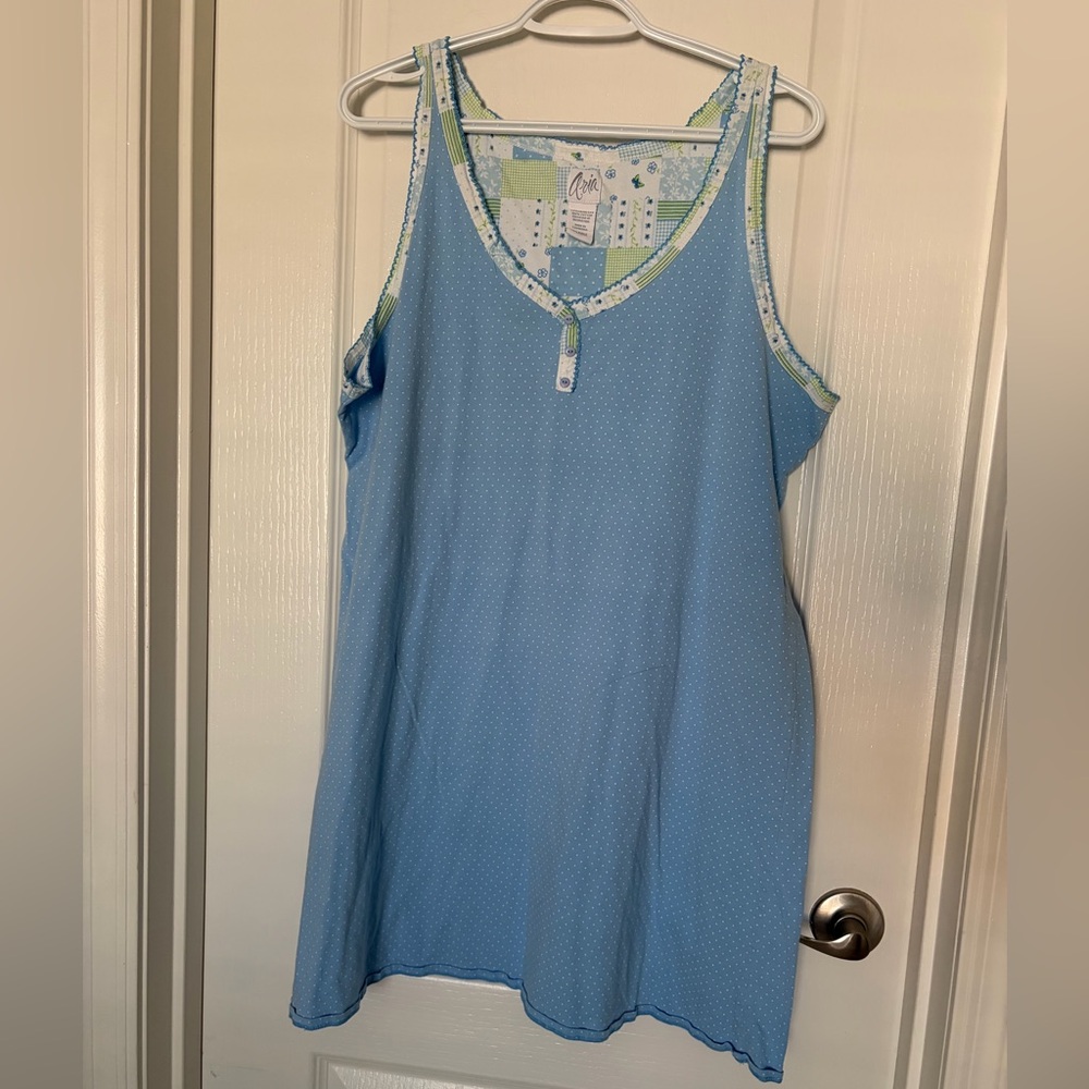 Aria Light Blue Sleeveless Cotton Nightgown with Green Trim